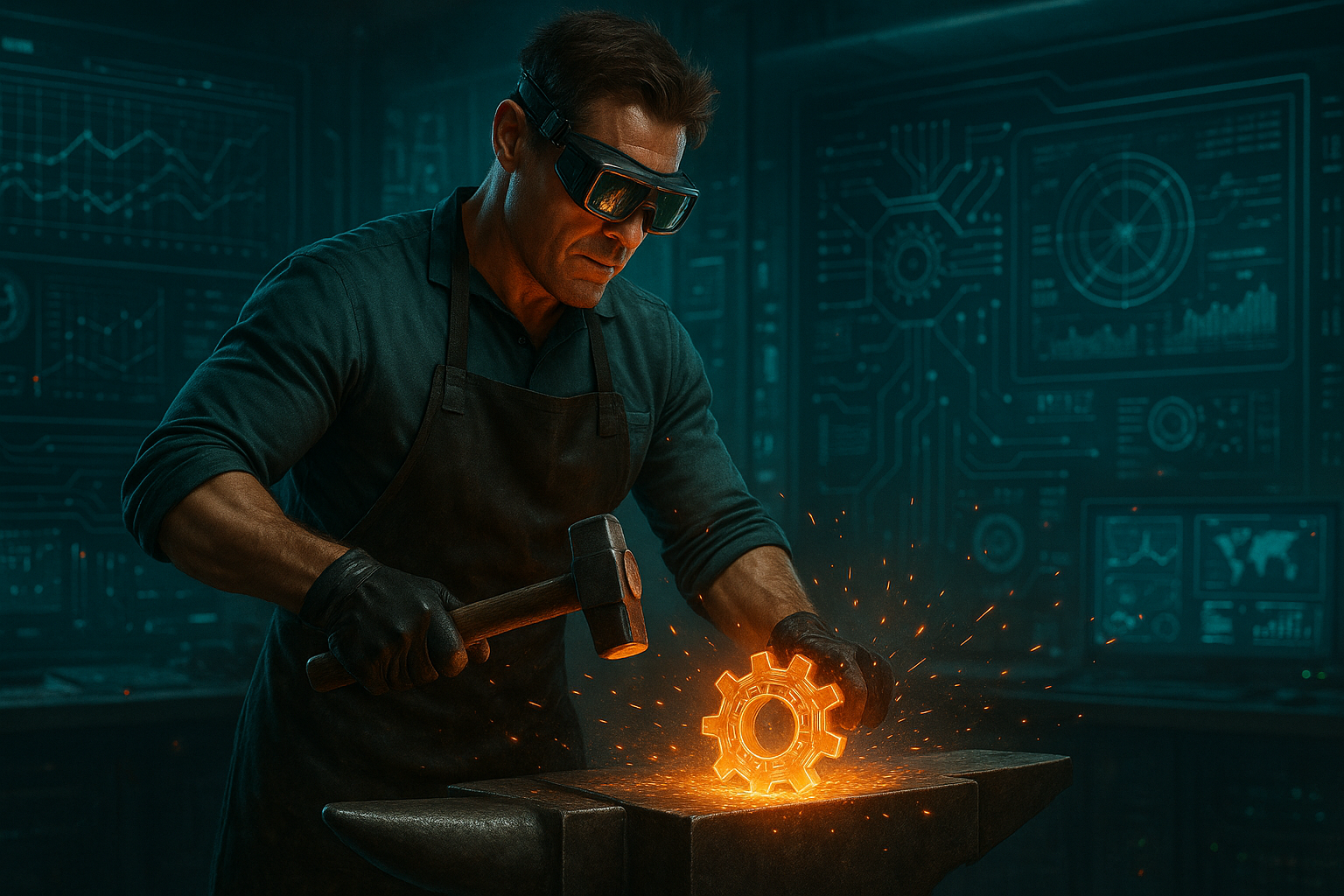 Man smithing a cog